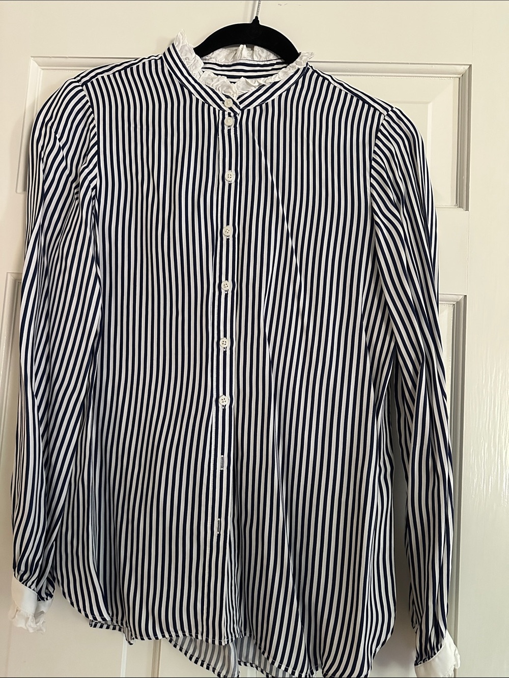 J. Crew Navy and White Vertical Stripe Ruffle-Neck Blouse